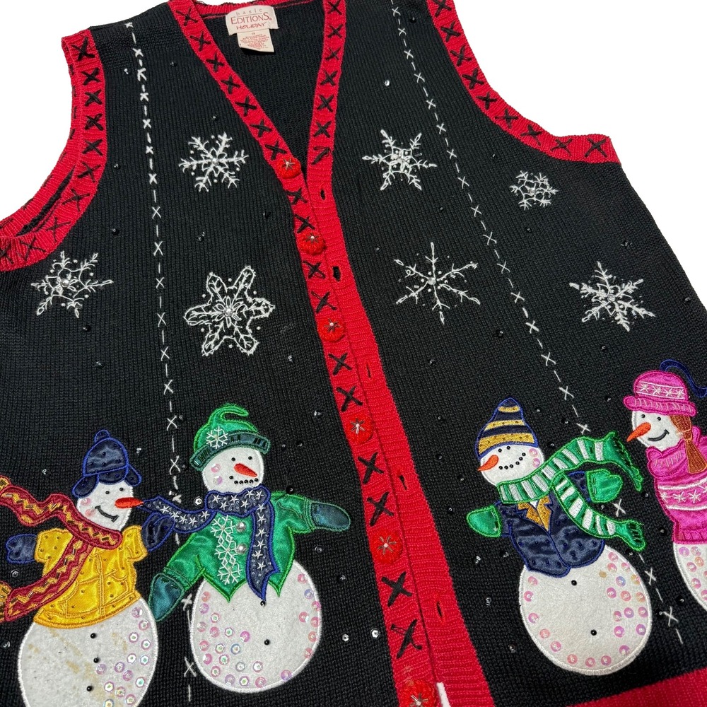 VTG Basic Editions Holiday Women's 1X Sweater Vest Snowman Sequin Christmas Snow